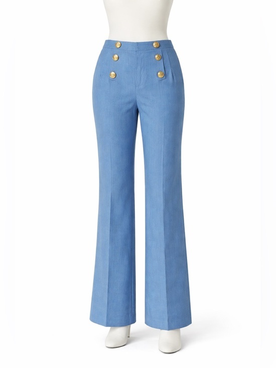 Ann Taylor Pants - Ann Taylor Linen Blend Sailor Pants Size 16 Blue Wide Leg High Rise Gold Button
